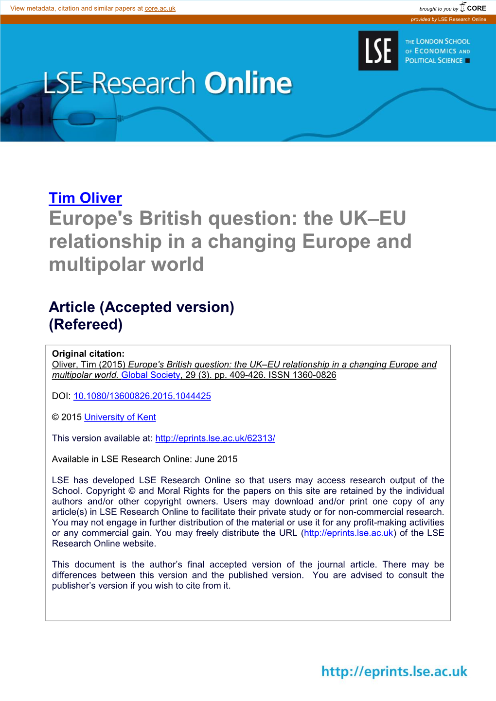 The UK–EU Relationship in a Changing Europe and Multipolar World