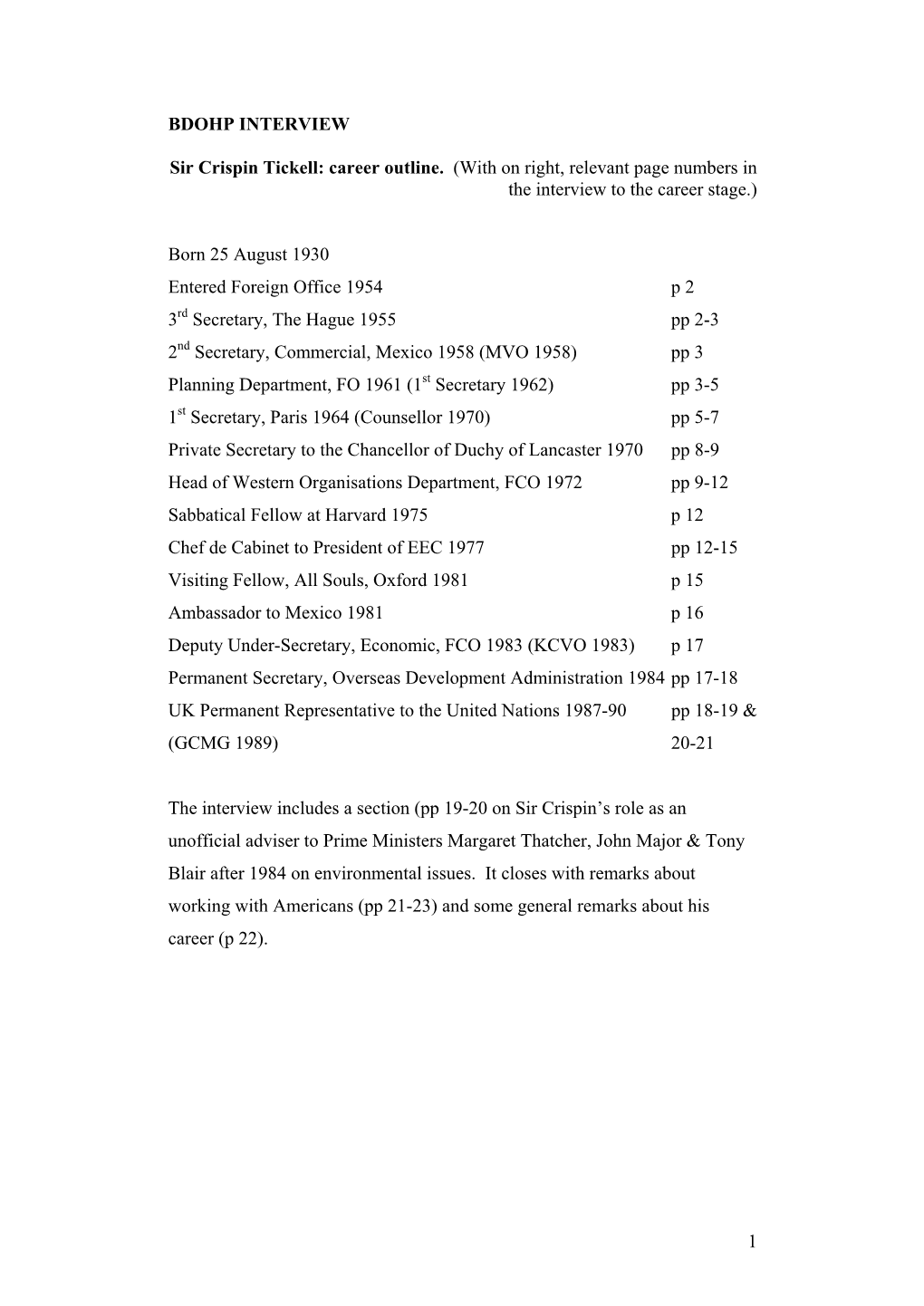 Sir Crispin Tickell: Career Outline