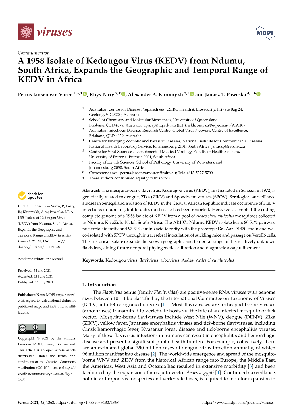 A 1958 Isolate of Kedougou Virus (KEDV) from Ndumu, South Africa, Expands the Geographic and Temporal Range of KEDV in Africa