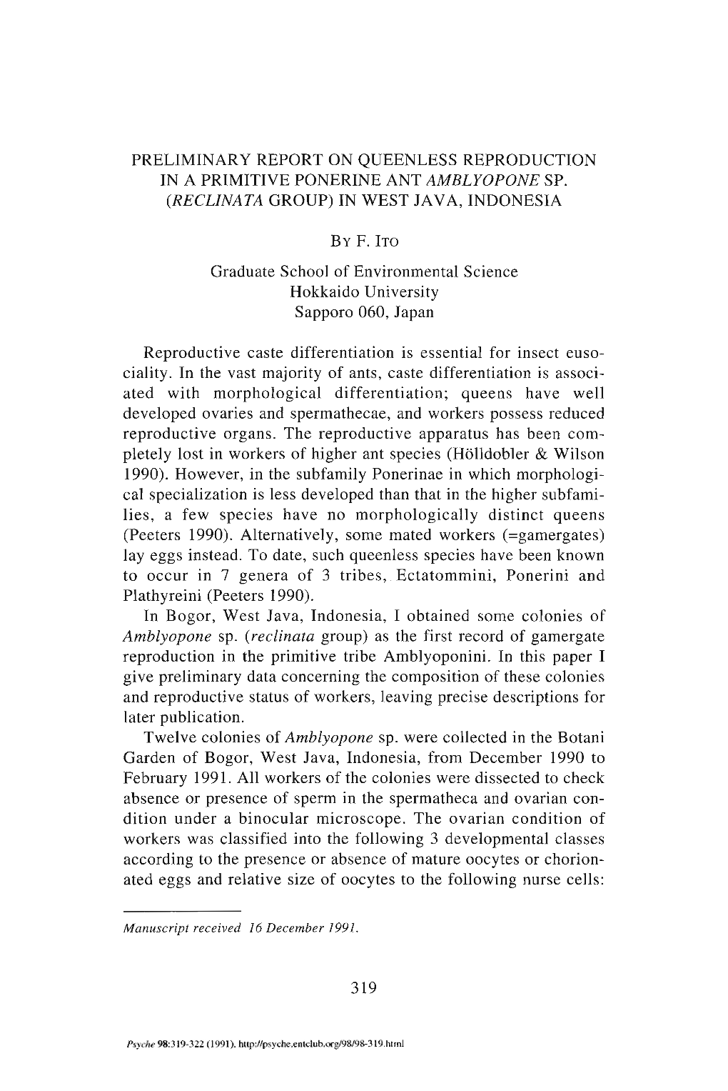 Preliminary Report on Queenless Reproduction in a Primitive Ponerine Ant Amblyopone Sp