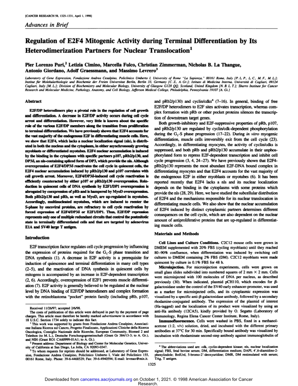 Regulation of E2F4 Mitogenic Activity During Terminal Differentiation by Its Heterodimerization Partners for Nuclear Translocation1