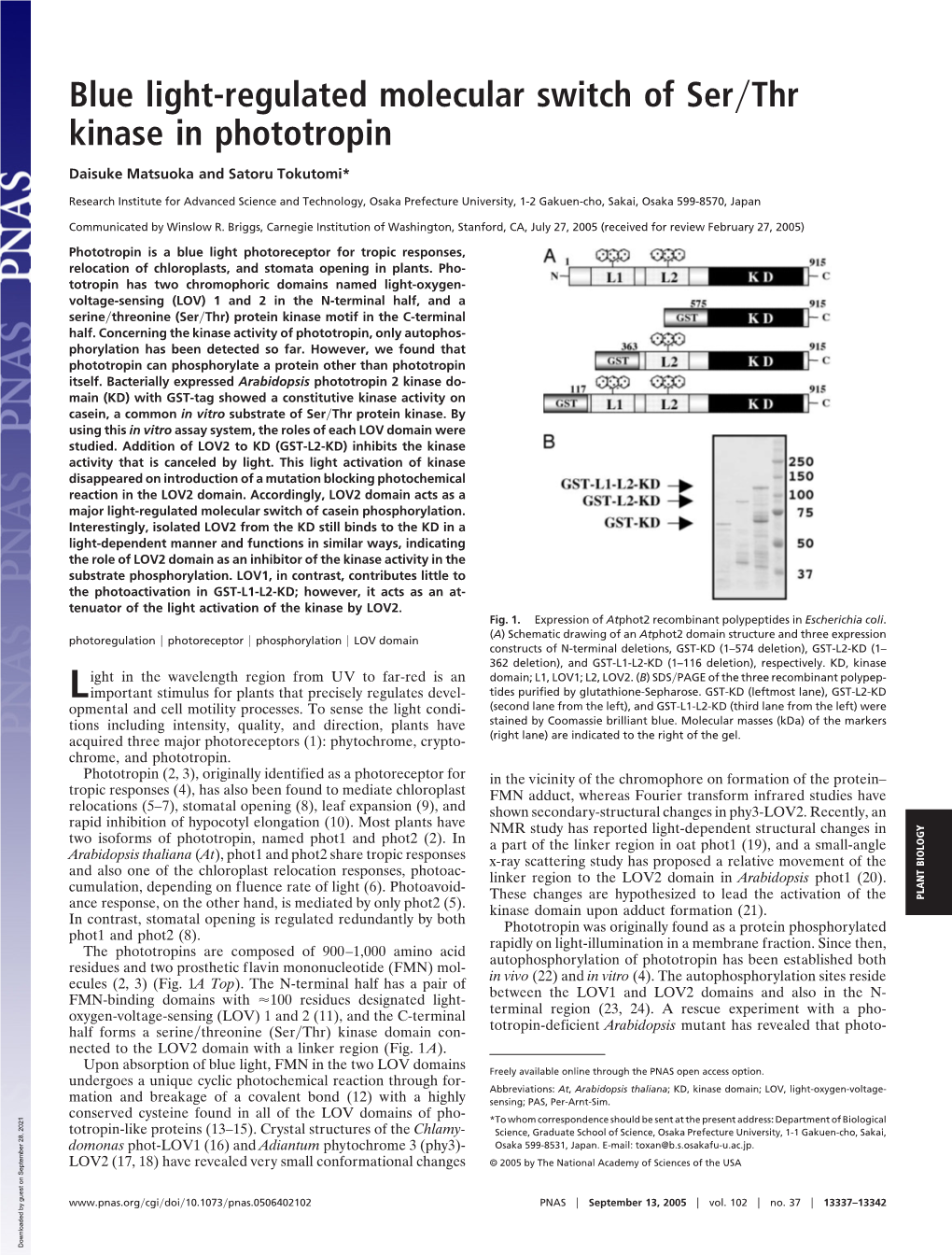 Blue Light-Regulated Molecular Switch of Ser Thr Kinase in Phototropin