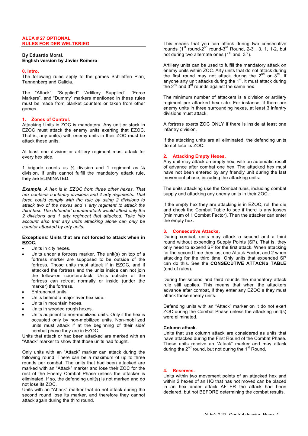 ALEA # 27. Central Dossier. Page. 1 ALEA # 27 OPTIONAL RULES FOR