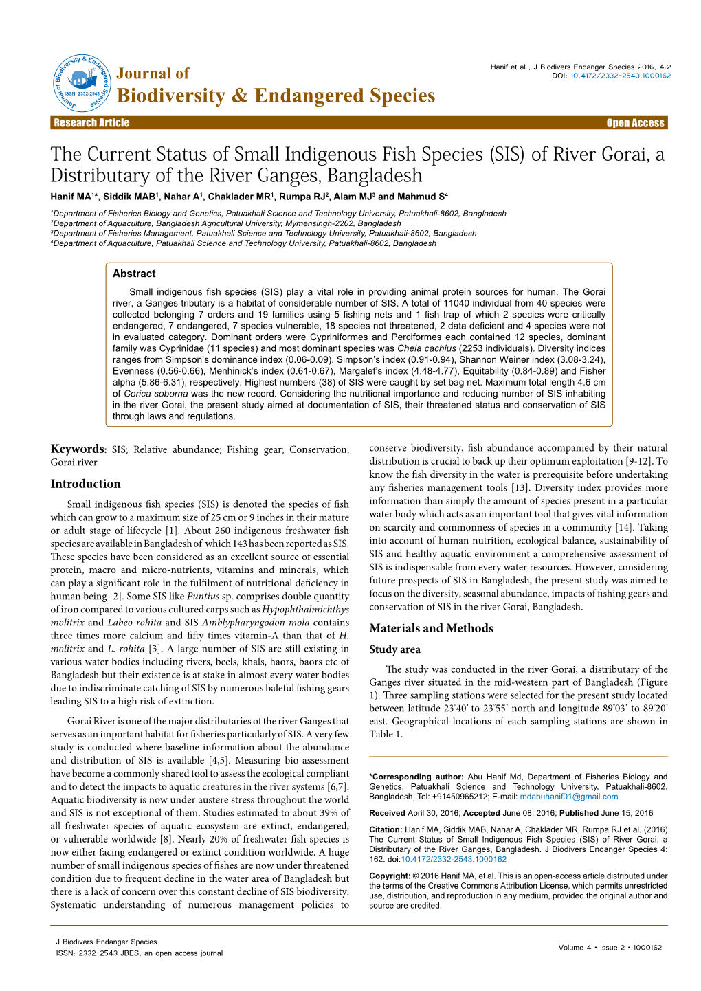 The Current Status of Small Indigenous Fish Species (SIS) Of