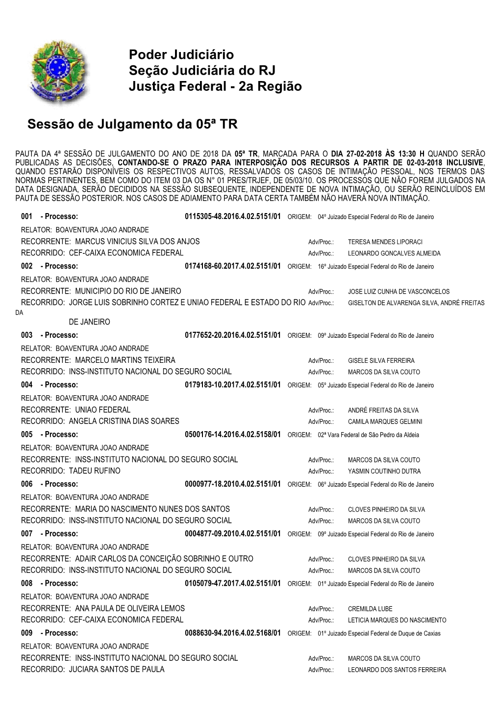 Poder Judiciário Seção Judiciária Do RJ Justiça Federal - 2A Região