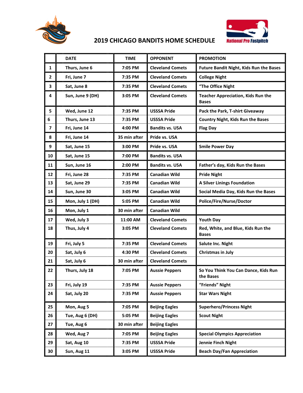 2019 Chicago Bandits Home Schedule