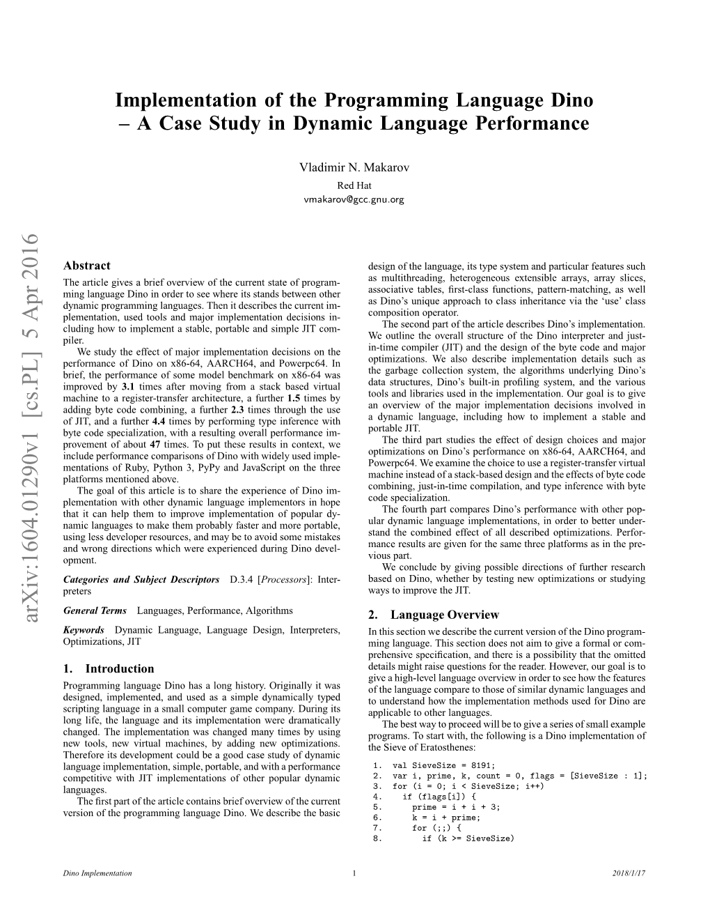 Implementation of the Programming Language Dino