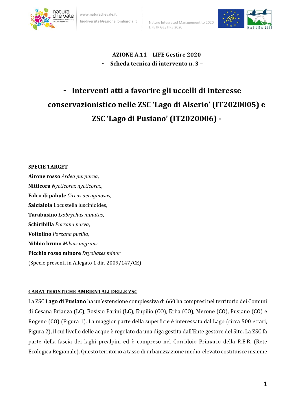 Lago Di Alserio’ (IT2020005) E ZSC ‘Lago Di Pusiano’ (IT2020006)