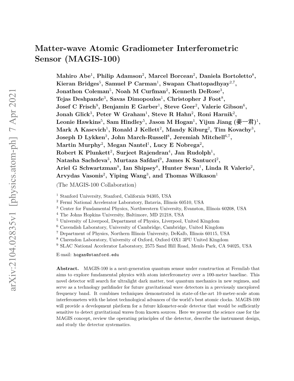 Matter-Wave Atomic Gradiometer Interferometric Sensor (MAGIS-100)