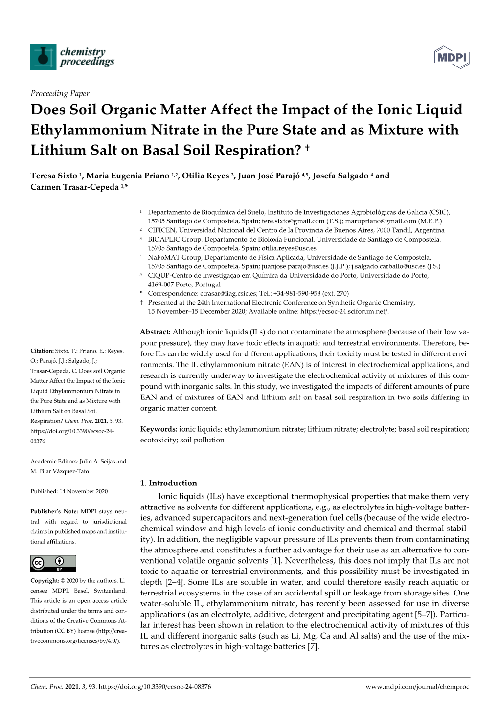 Does Soil Organic Matter Affect the Impact of the Ionic Liquid Ethylammonium Nitrate in the Pure State and As Mixture with Lithium Salt on Basal Soil Respiration? †