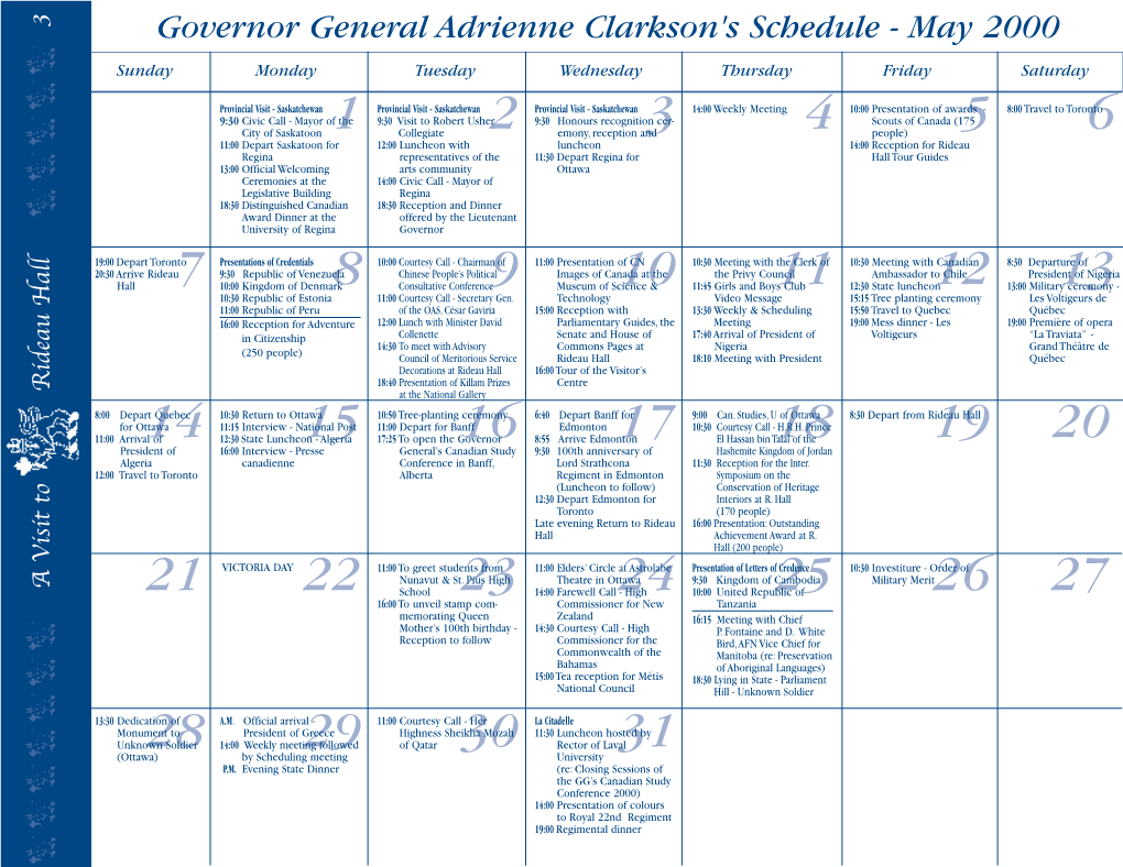 Governor General Adrienne Clarkson's Schedule - May 2000
