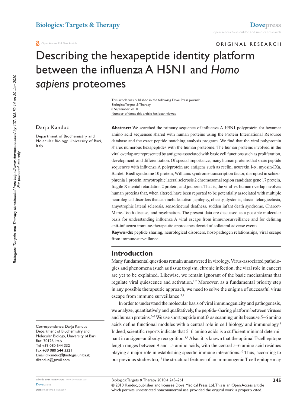 Describing the Hexapeptide Identity Platform Between the Influenza a H5N1 Andhomo Sapiens Proteomes