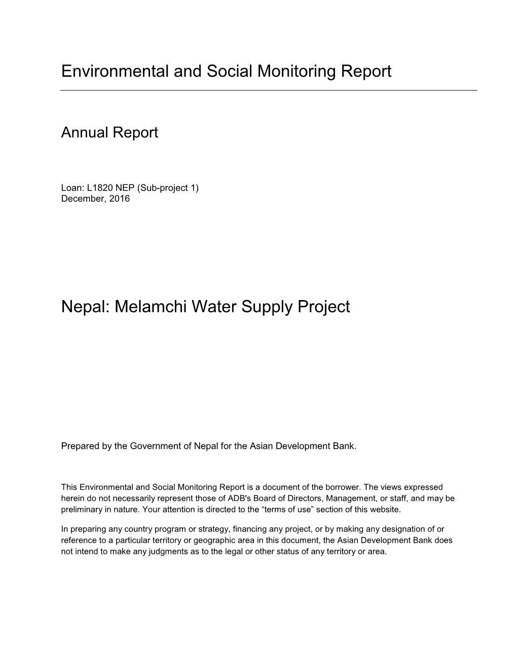 Environmental and Social Monitoring Report Nepal: Melamchi Water