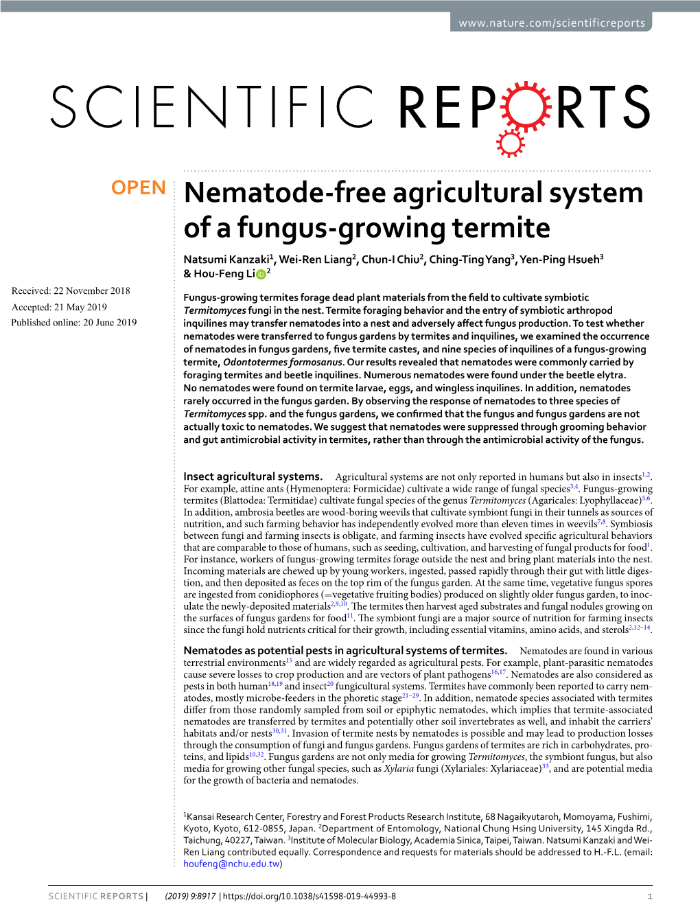 Nematode-Free Agricultural System of a Fungus-Growing Termite