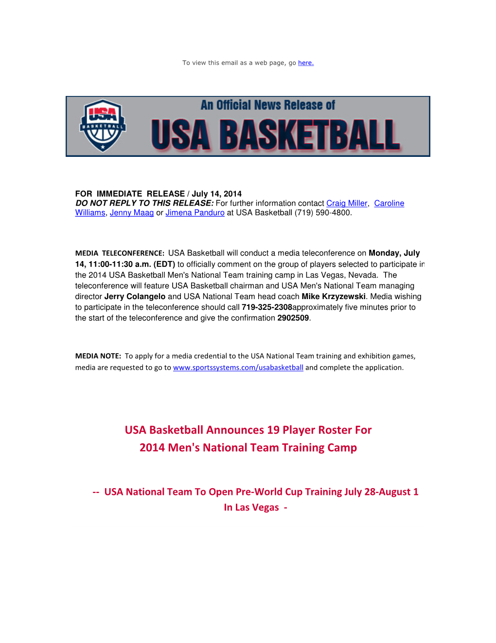 USA Basketball Announces 19 Player Roster for 2014 Men's National Team Training Camp