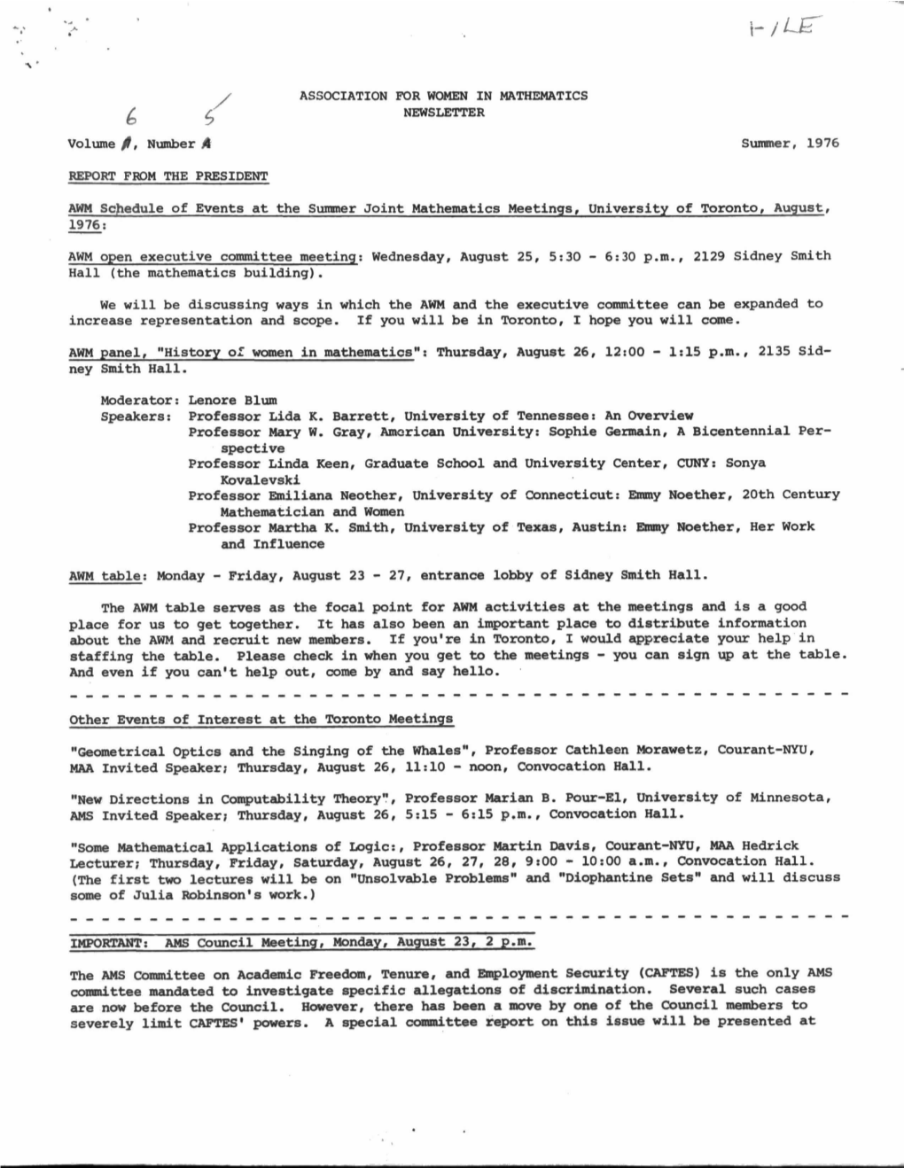 THEMATICS NEWSLETTER Summer, 1976 REPORT FROM