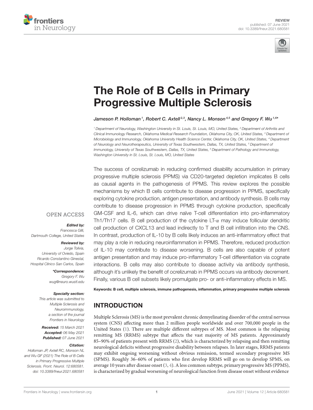 The Role of B Cells in Primary Progressive Multiple Sclerosis