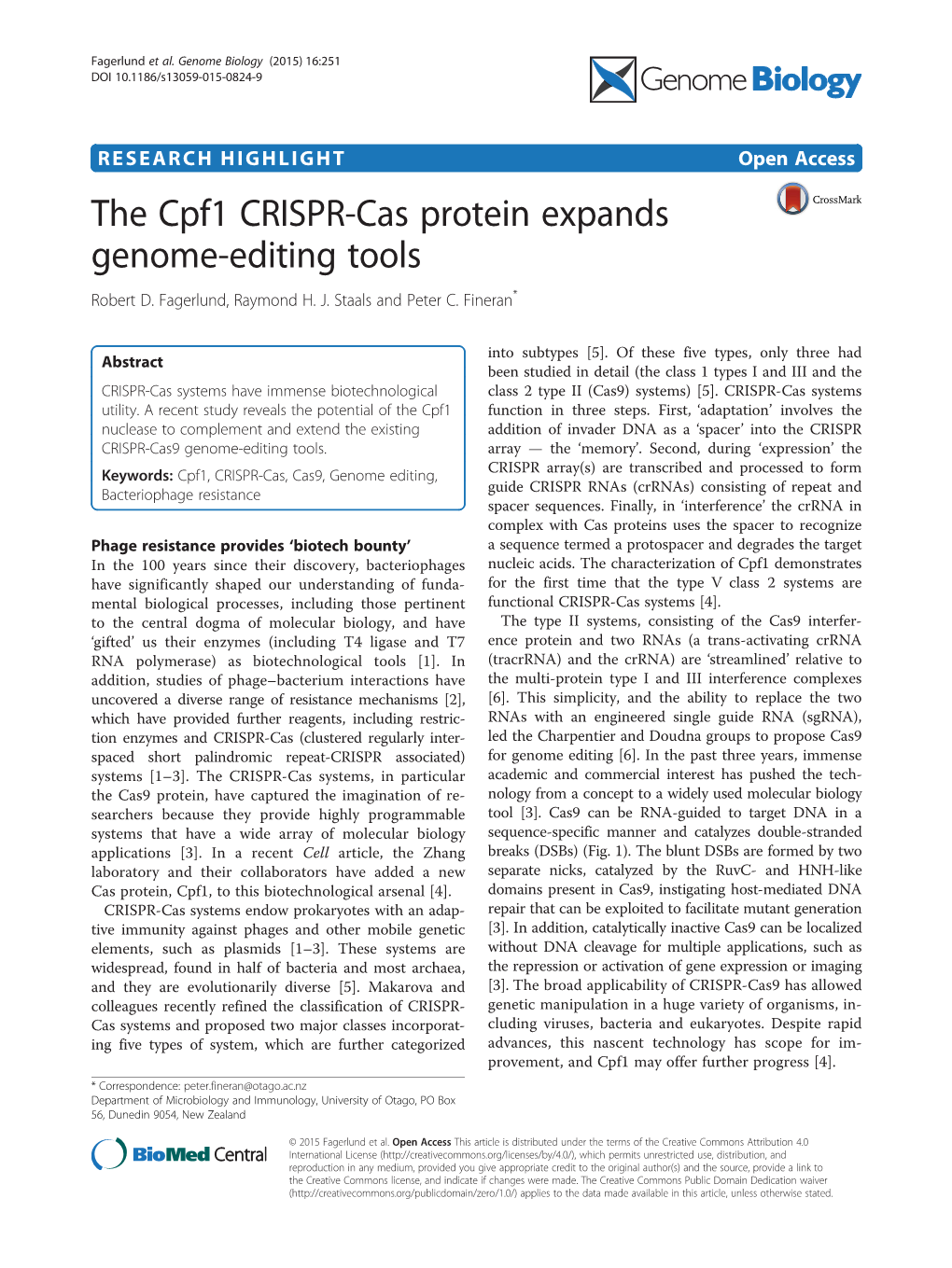 The Cpf1 CRISPR-Cas Protein Expands Genome-Editing Tools Robert D