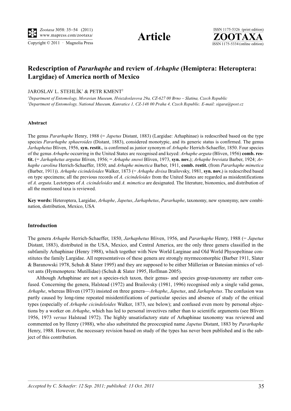 Redescription of Pararhaphe and Review of Arhaphe (Hemiptera: Heteroptera: Largidae) of America North of Mexico