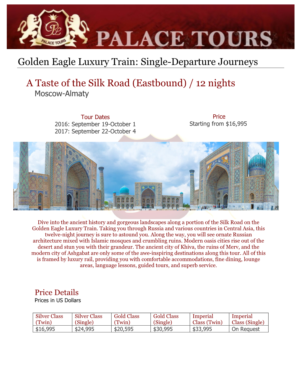 Golden Eagle Luxury Train: Single-Departure Journeys
