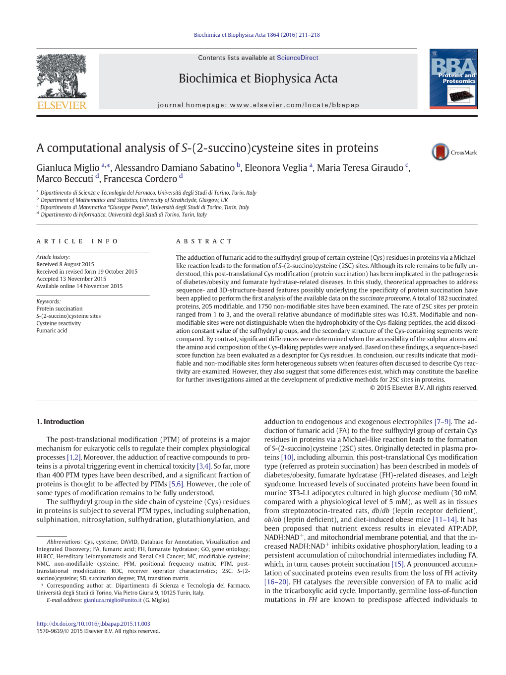 A Computational Analysis of S-(2-Succino)Cysteine Sites in Proteins