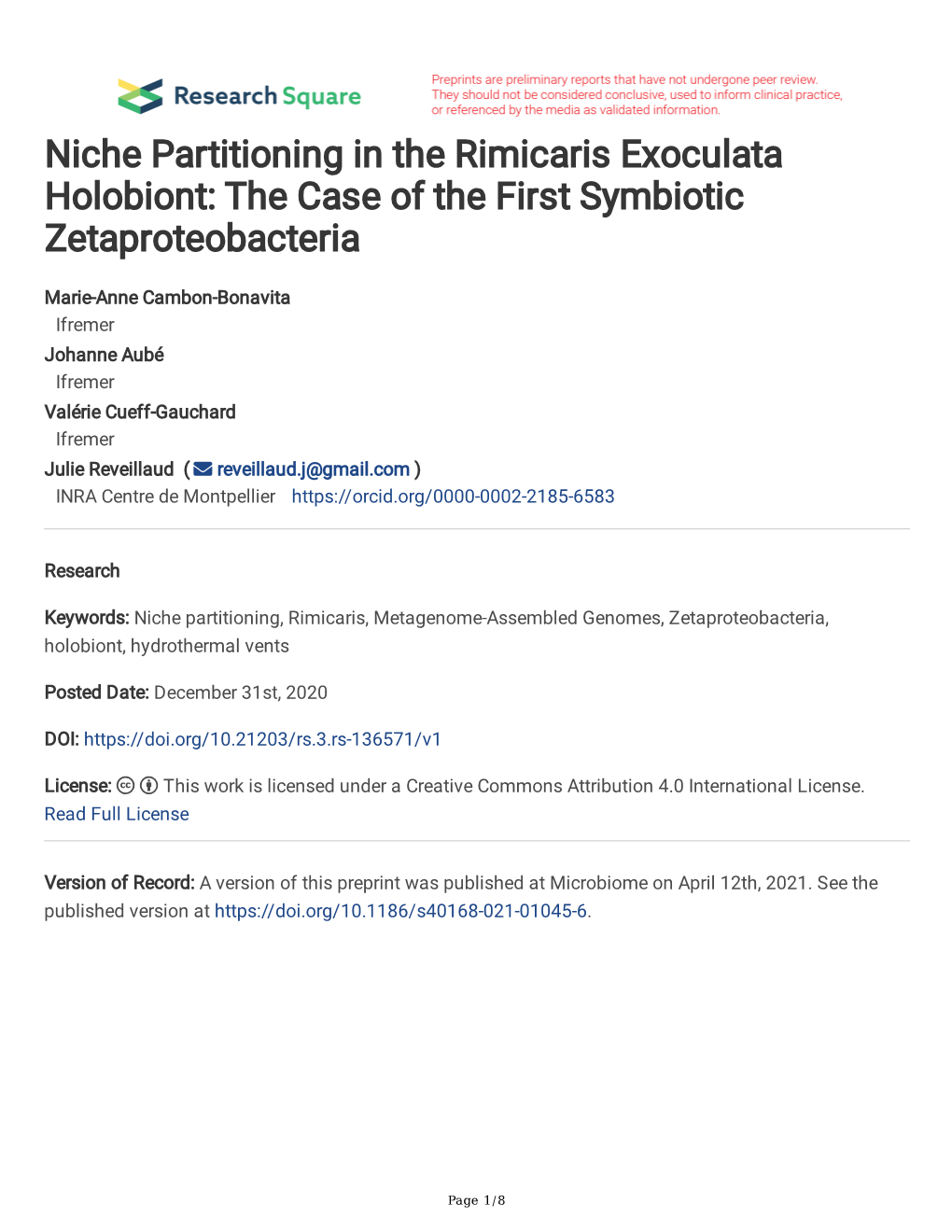 Niche Partitioning in the Rimicaris Exoculata Holobiont: the Case of the First Symbiotic Zetaproteobacteria