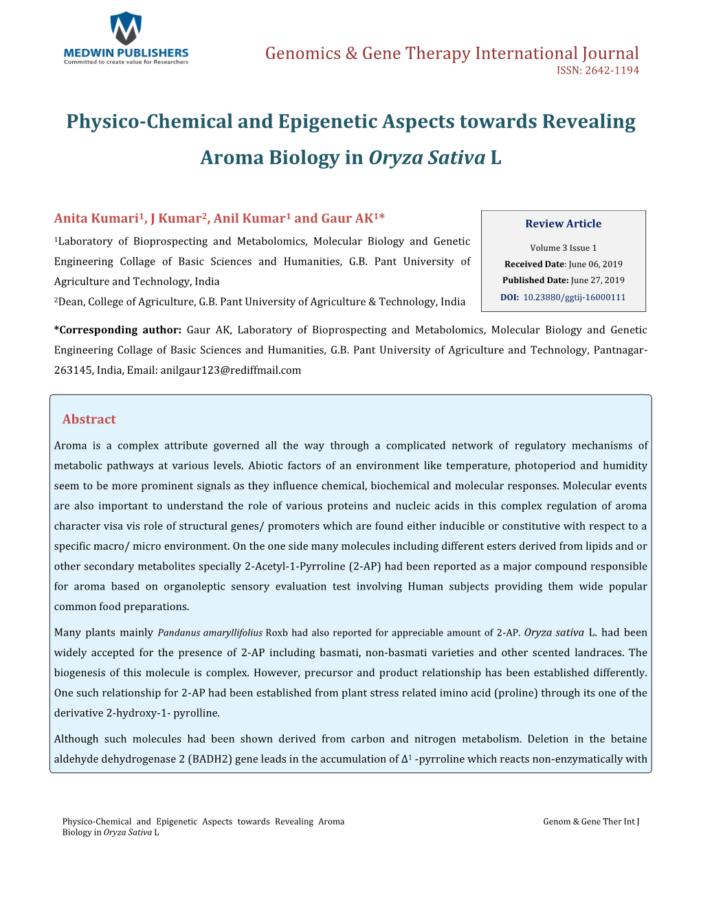 Gaur AK, Et Al. Physico-Chemical and Epigenetic Aspects Towards Revealing Copyright© Gaur AK, Et Al