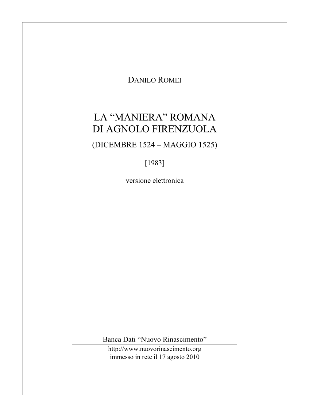 La “Maniera” Romana Di Agnolo Firenzuola