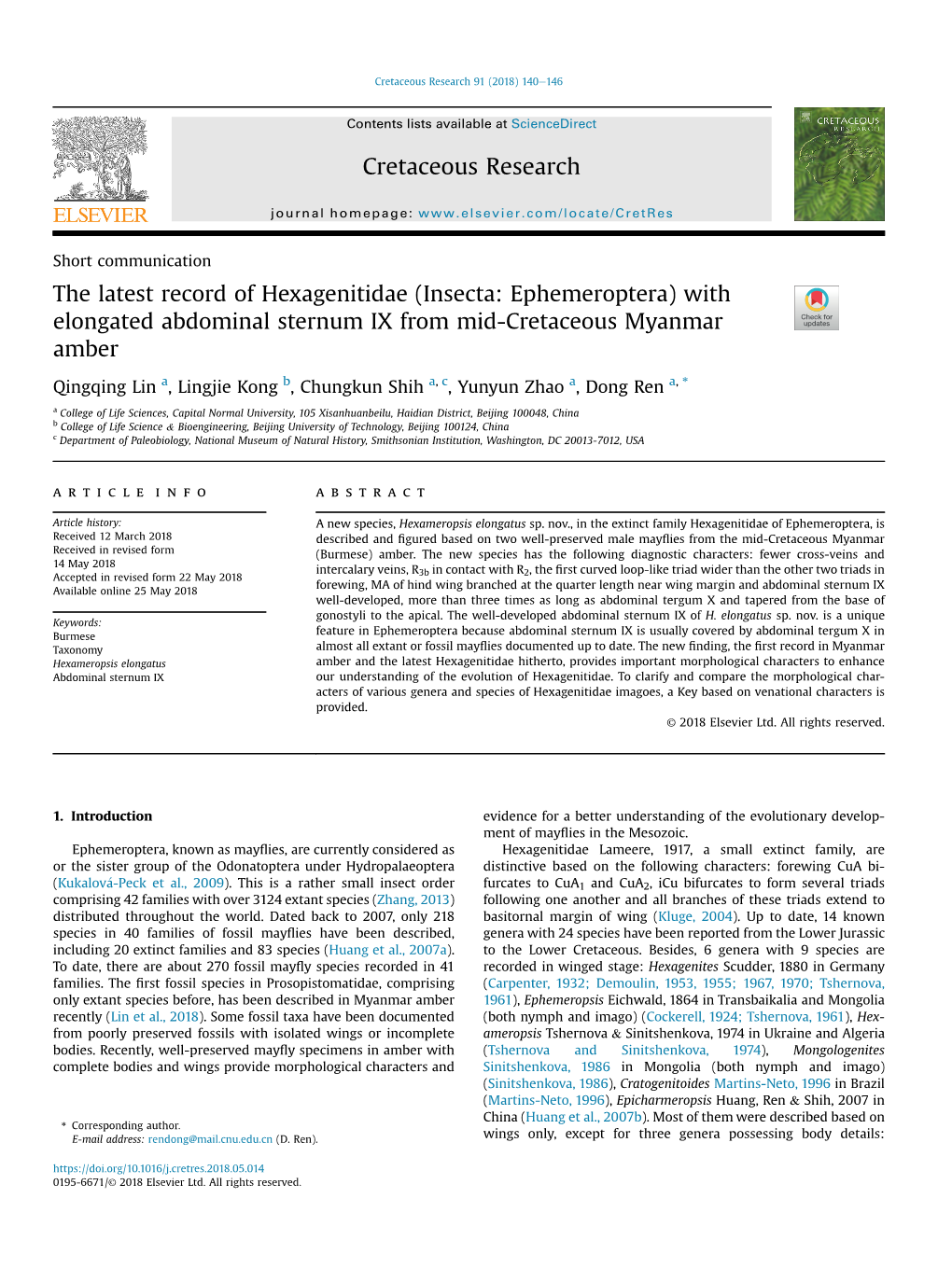 (Insecta: Ephemeroptera) with Elongated Abdominal Sternum IX from Mid-Cretaceous Myanmar Amber