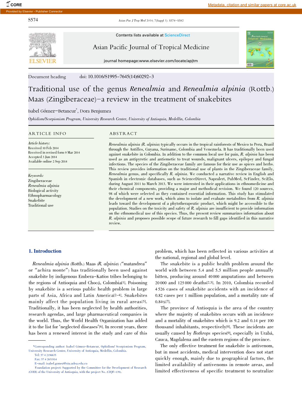 (Rottb.) Maas (Zingiberaceae)-A Review in the Treatment of Snakebites