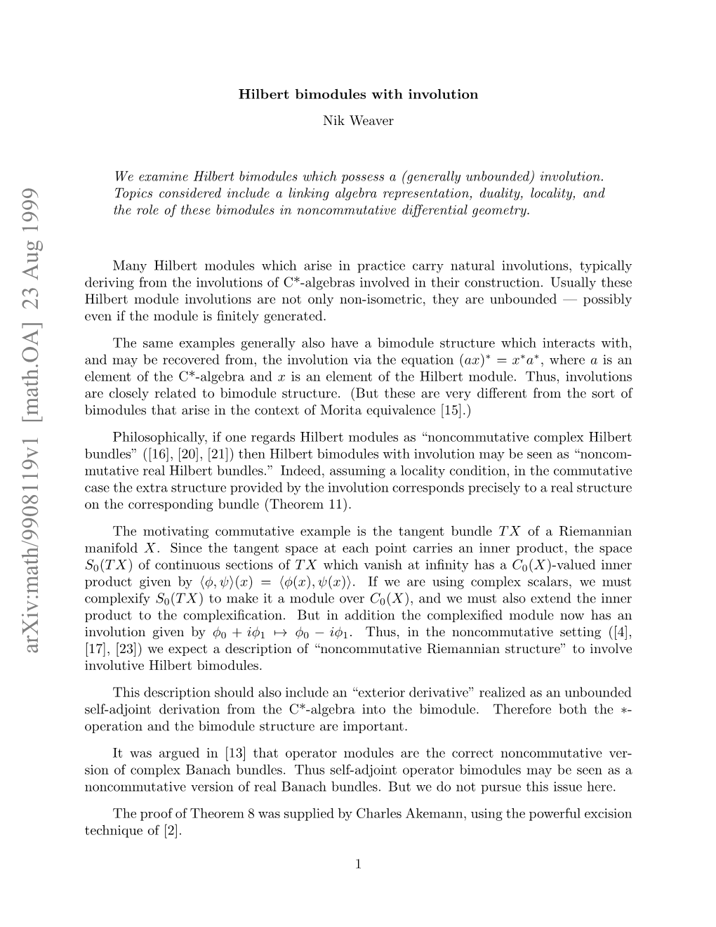 Arxiv:Math/9908119V1 [Math.OA] 23 Aug 1999 Vni H Ouei Ntl Generated