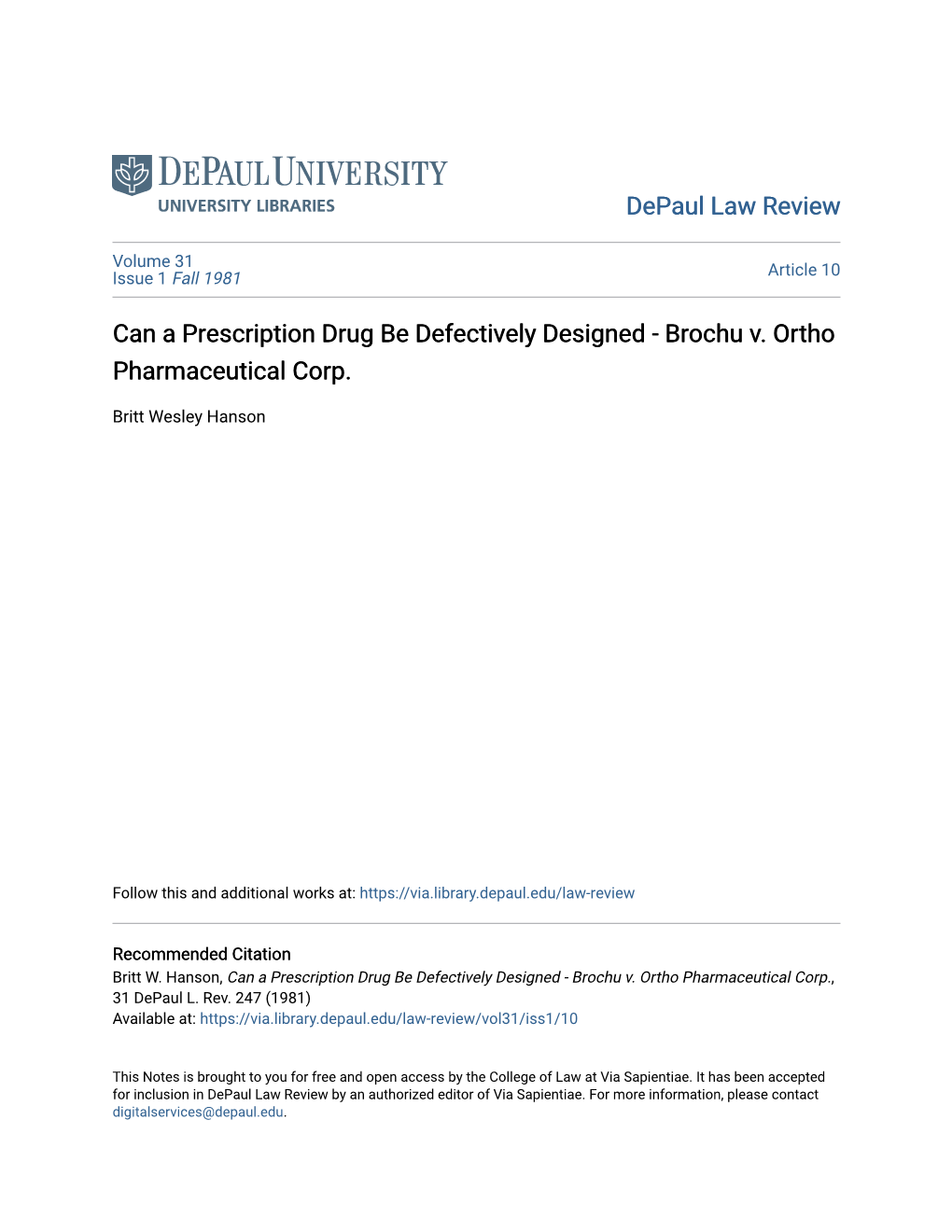 Can a Prescription Drug Be Defectively Designed - Brochu V