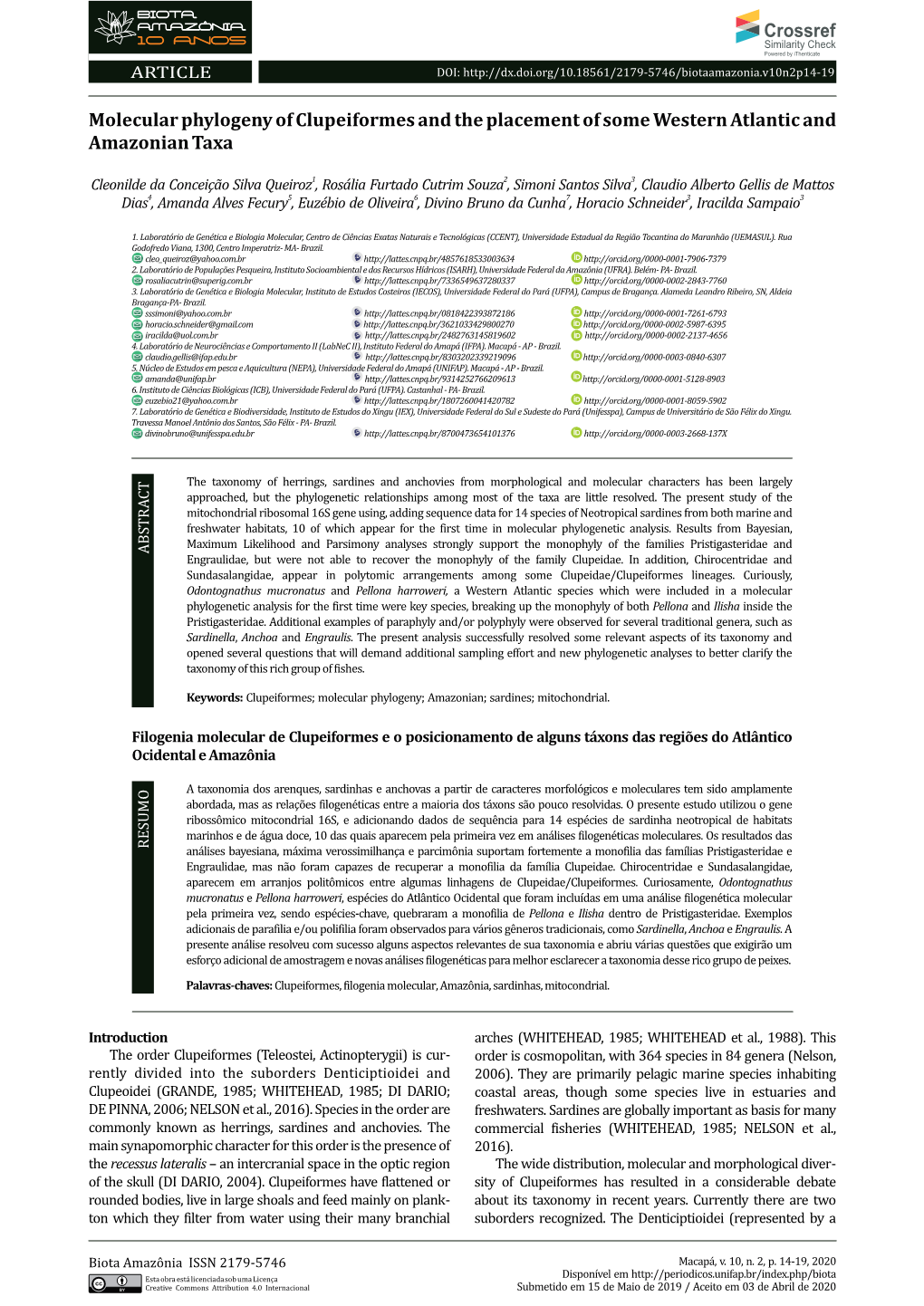 Molecular Phylogeny of Clupeiformes and the Placement of Some Western Atlantic and Amazonian Taxa