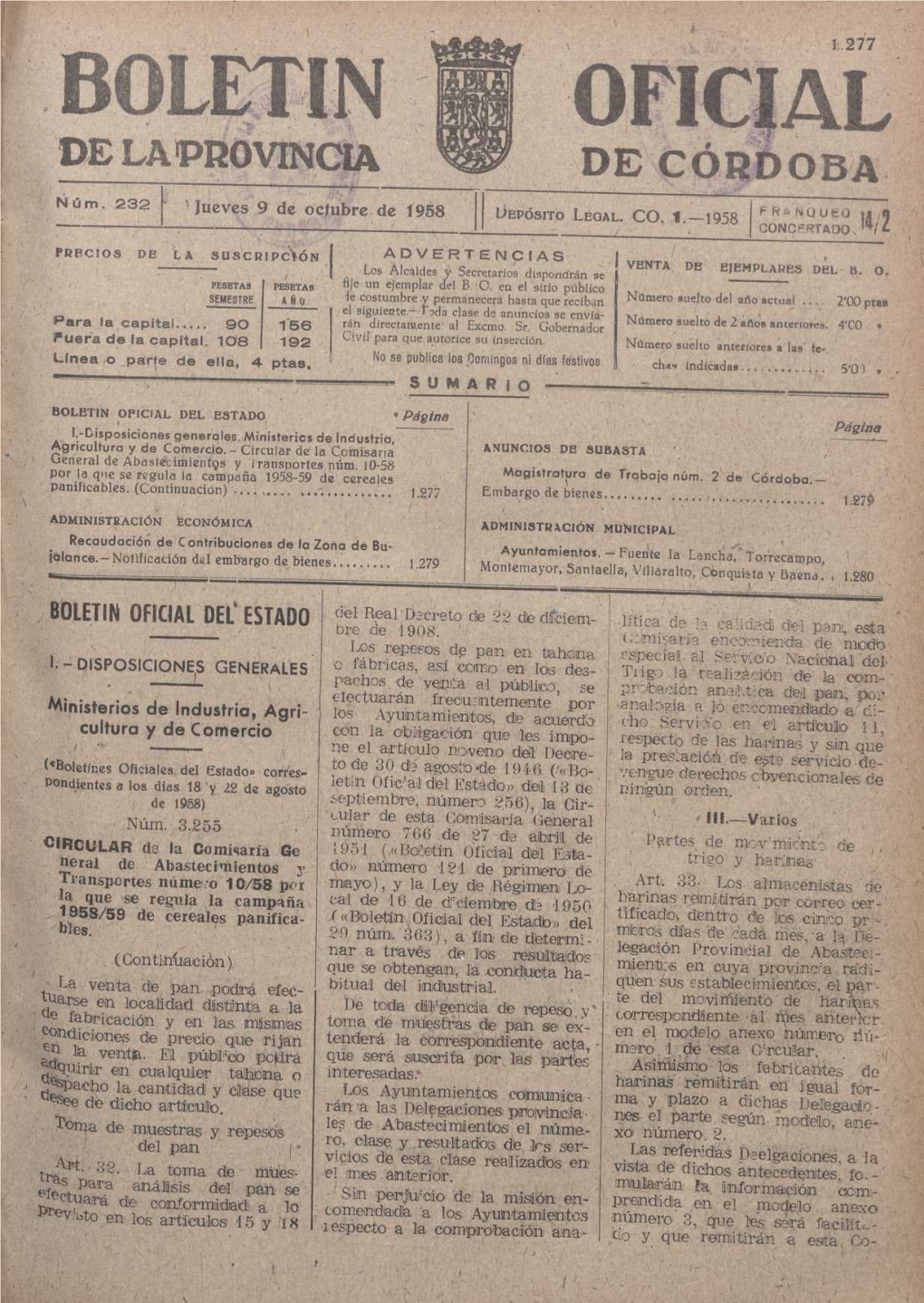 B LIETIN OFICIAL DE LA PROVINCIA DE CÓRDOBA Ñú M 232 Jueves 9' De Octubre De F 1958 Ljepósito LEGAL