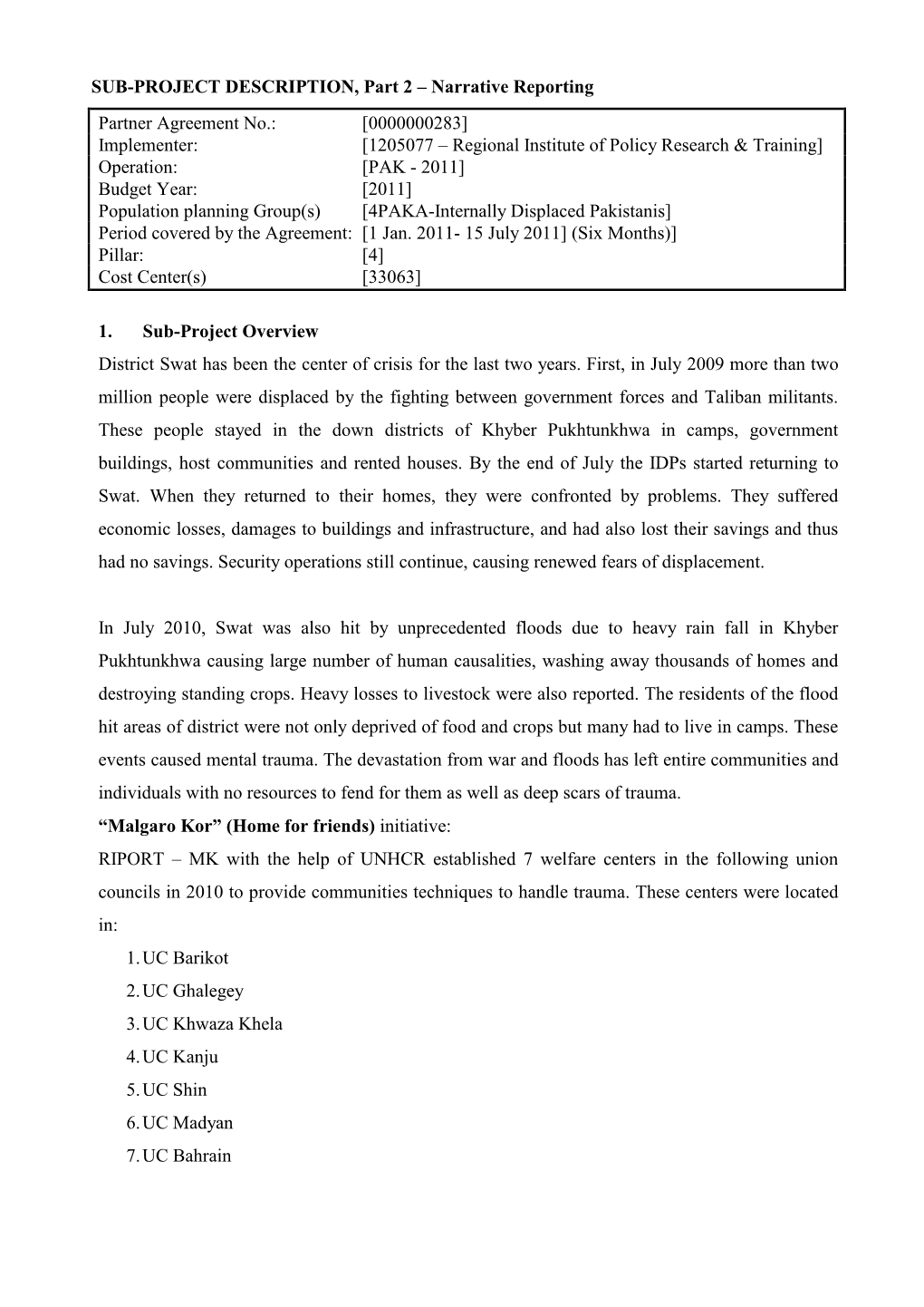 Standard Format for Sub-Project Monitoring Report (SPRM) Part 2