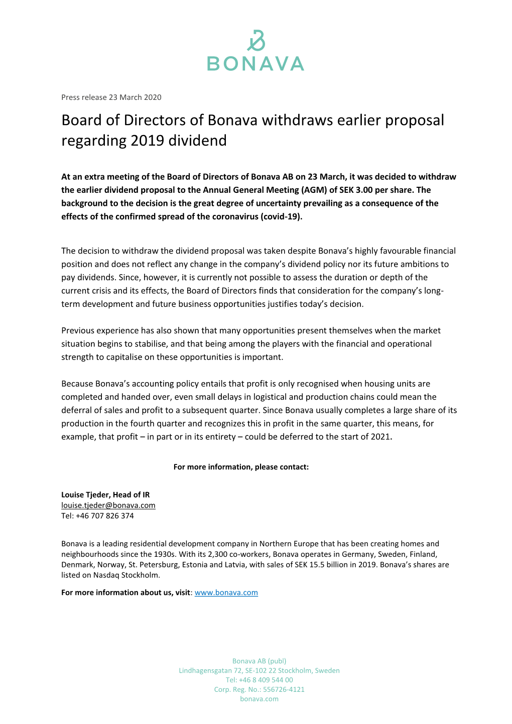 Board of Directors of Bonava Withdraws Earlier Proposal Regarding 2019 Dividend