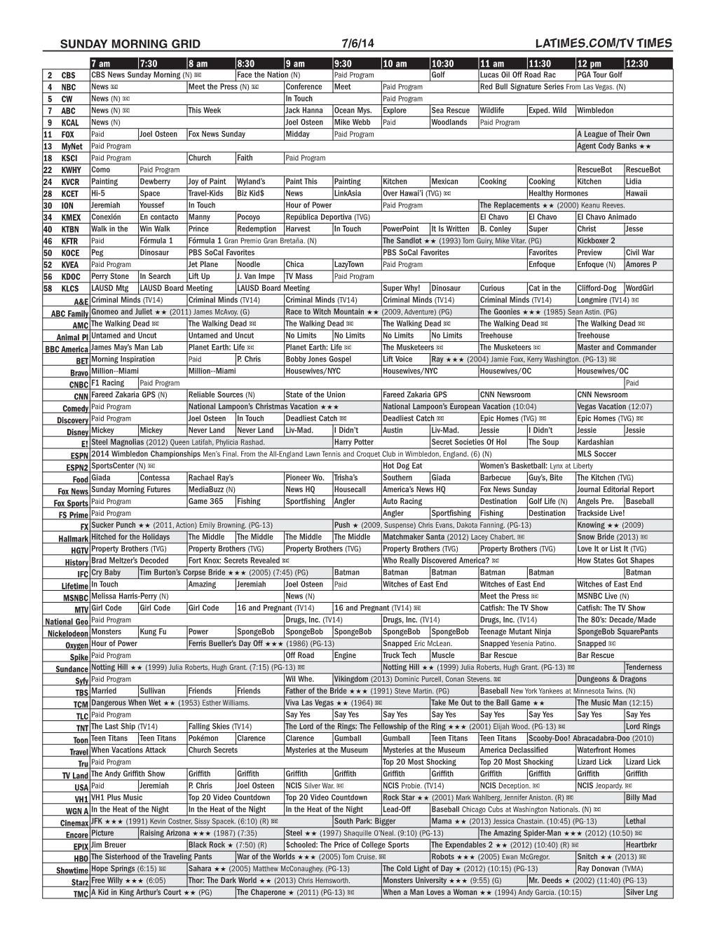 Sunday Morning Grid 7/6/14 Latimes.Com/Tv Times