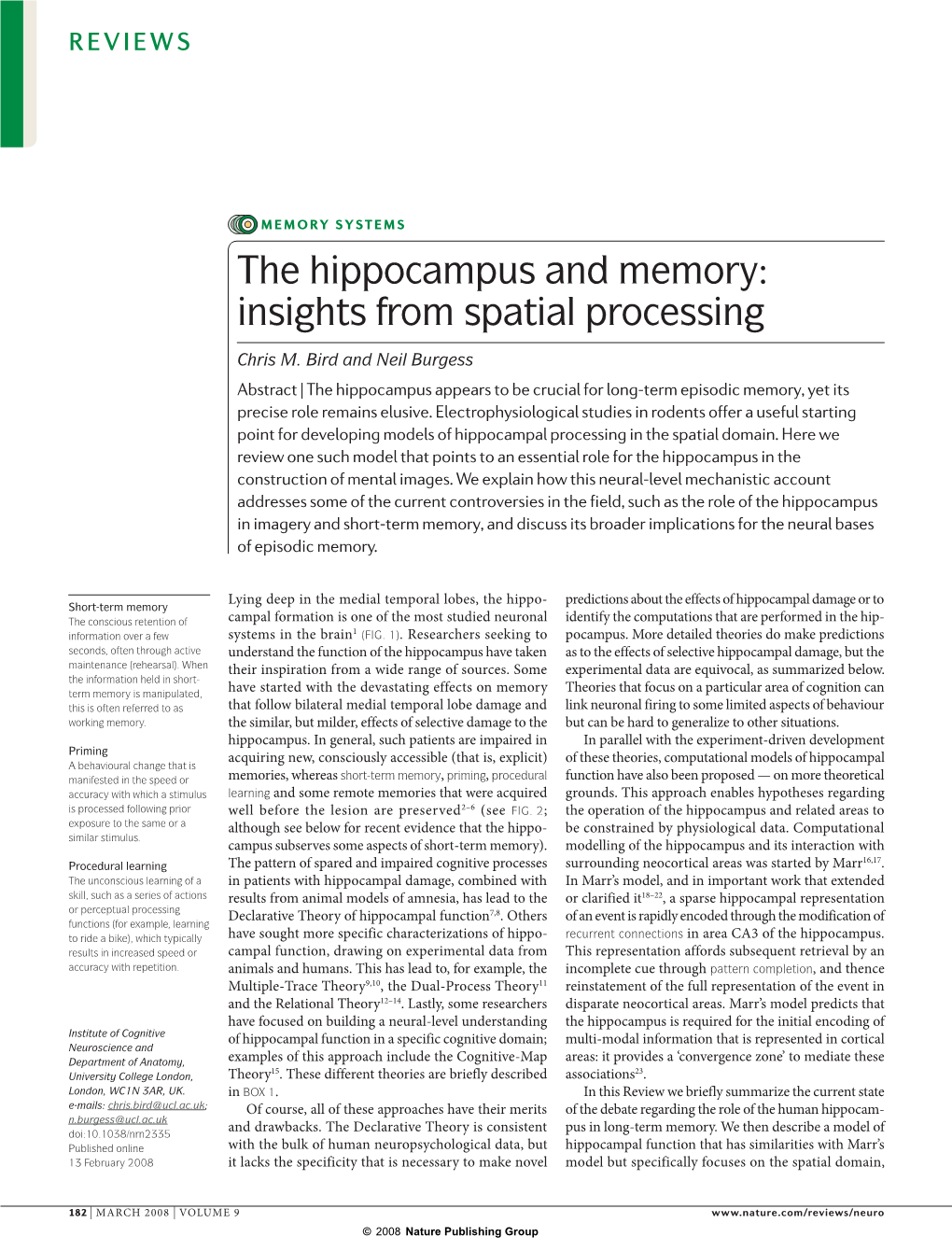 The Hippocampus and Memory: Insights from Spatial Processing