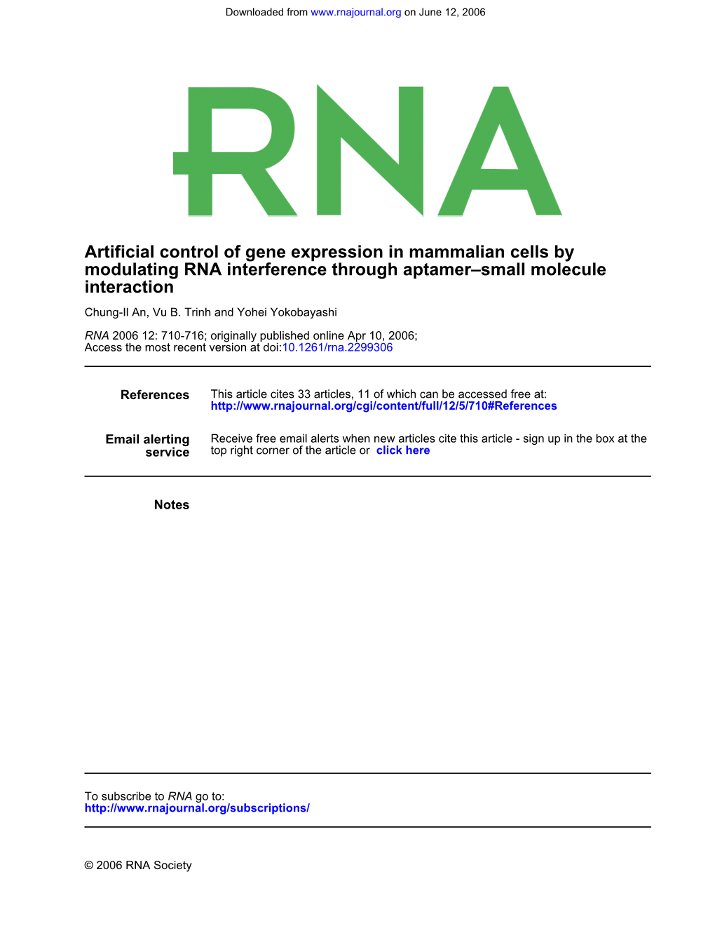 Artificial Control of Gene Expression in Mammalian Cells by Modulating RNA Interference Through Aptamer–Small Molecule Interaction