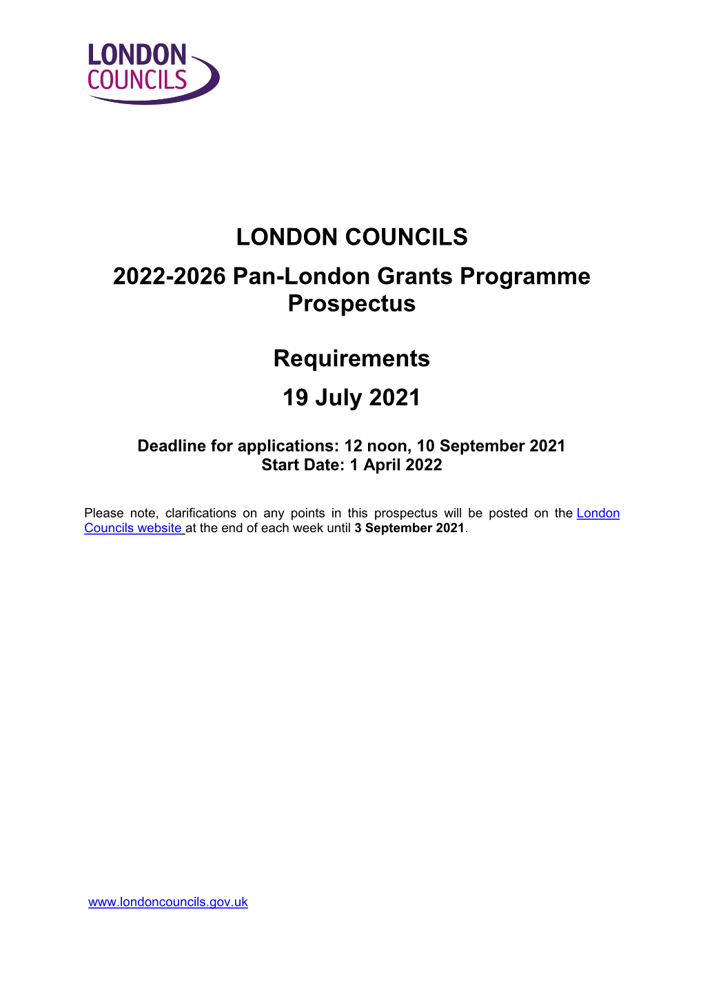 LONDON COUNCILS 2022-2026 Pan-London Grants Programme Prospectus Requirements 19 July 2021