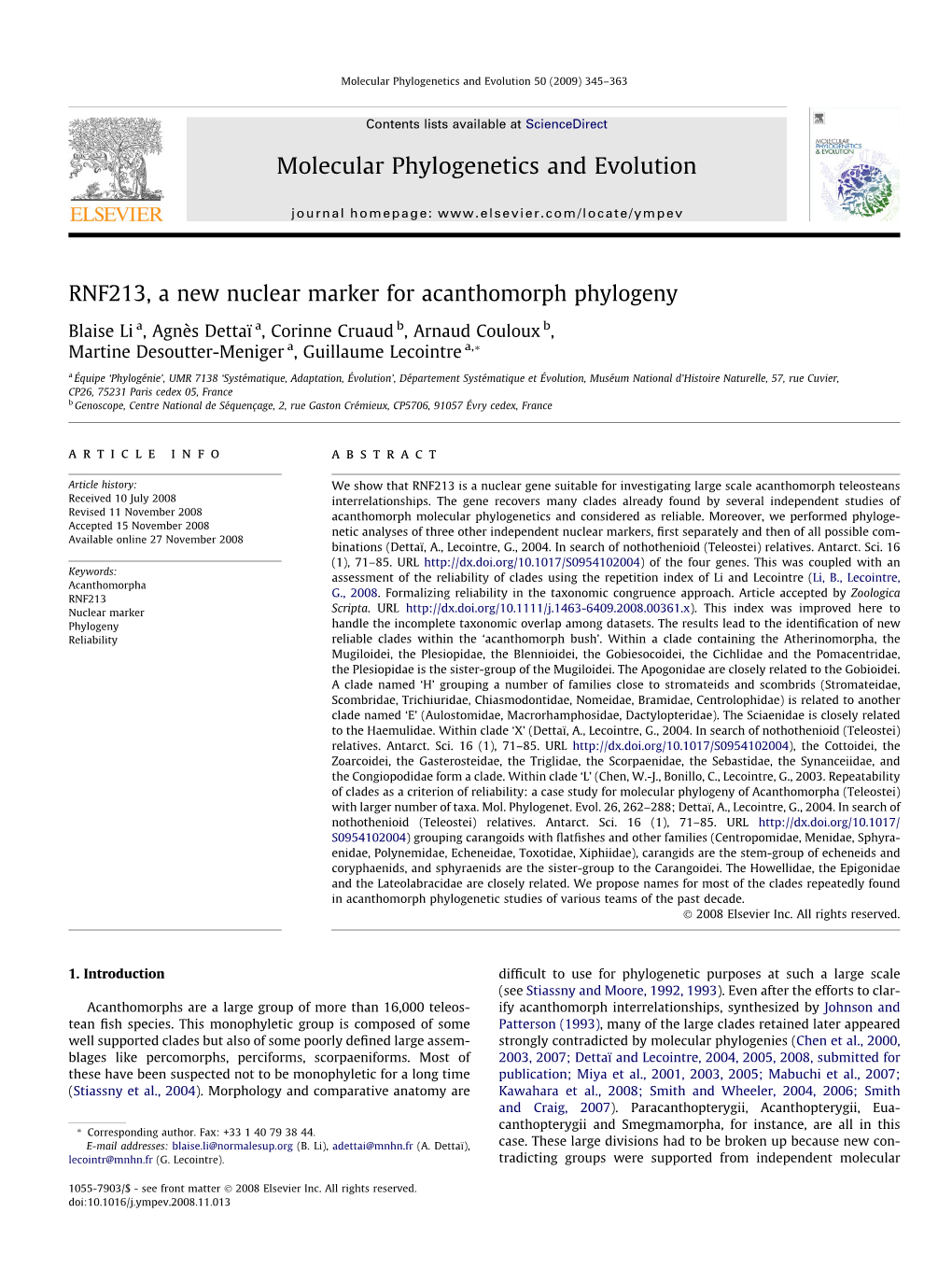 RNF213, a New Nuclear Marker for Acanthomorph Phylogeny