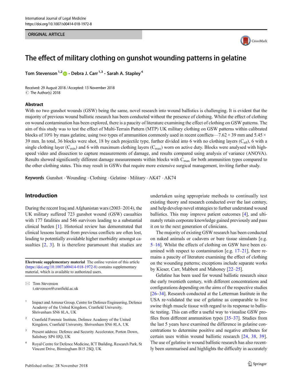 The Effect of Military Clothing on Gunshot Wounding Patterns in Gelatine