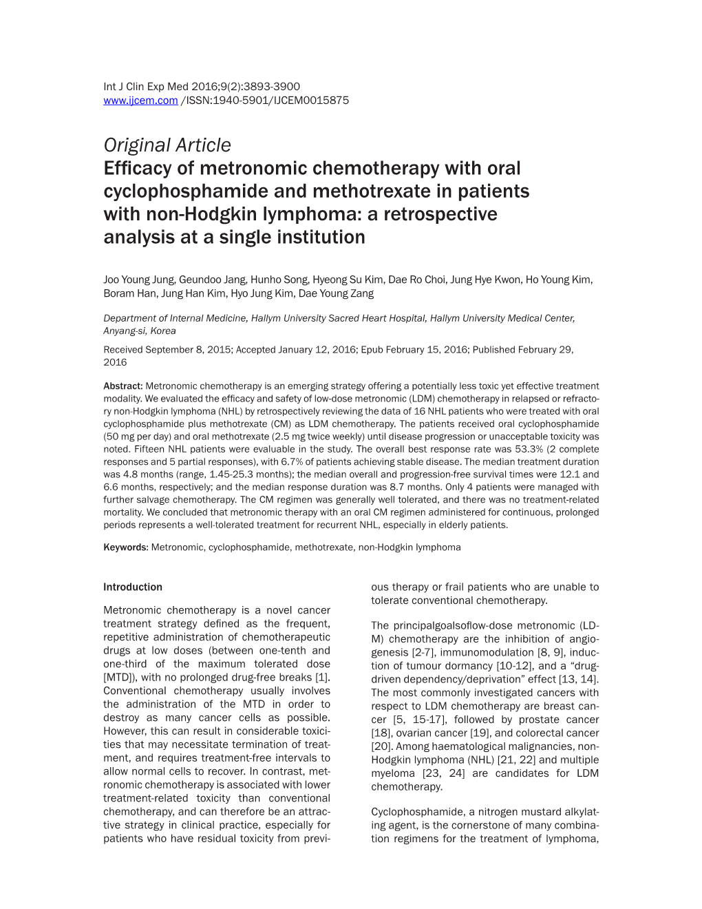 Original Article Efficacy of Metronomic Chemotherapy with Oral Cyclophosphamide and Methotrexate in Patients with Non-Hodgkin