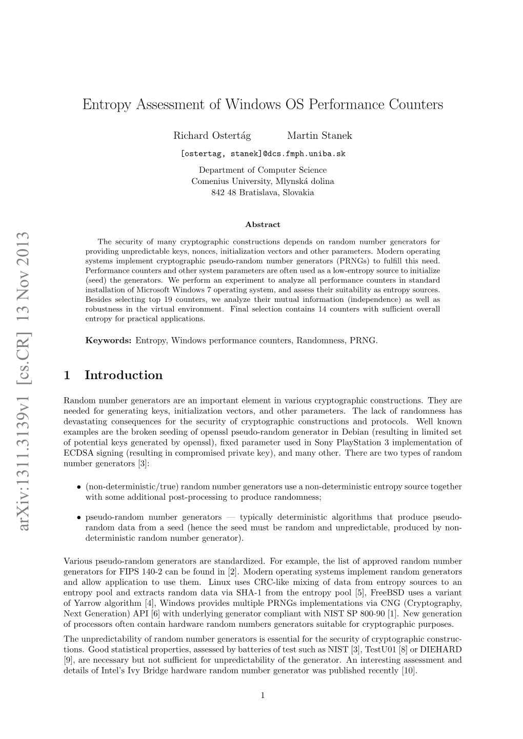 Entropy Assessment of Windows OS Performance Counters