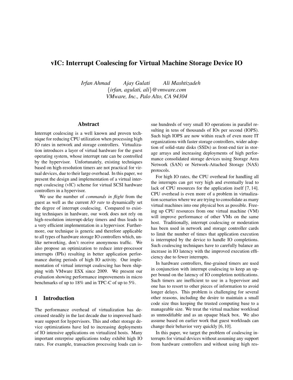 Vic: Interrupt Coalescing for Virtual Machine Storage Device IO