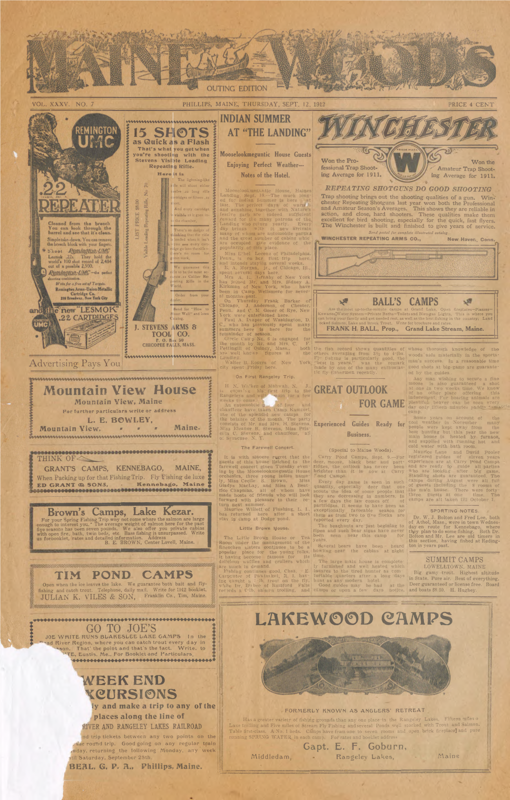 Maine Woods : Vol. 35, No. 7 September 12,1912 (Outing Edition)