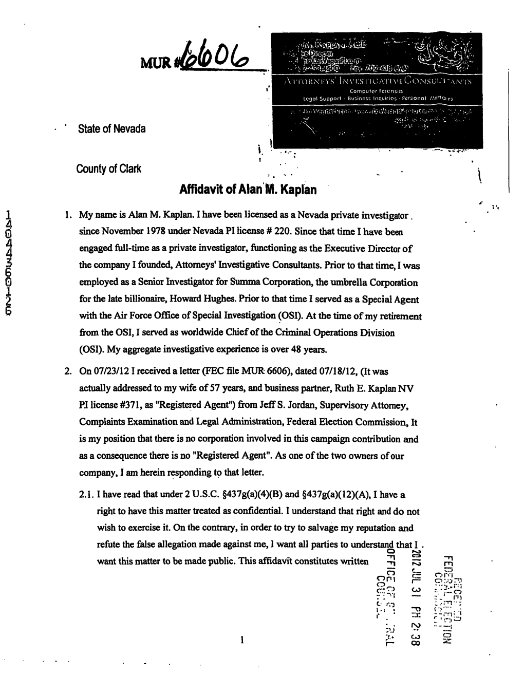 ' State of Nevada County of Clark Affidavit of Alan M. Kaplan