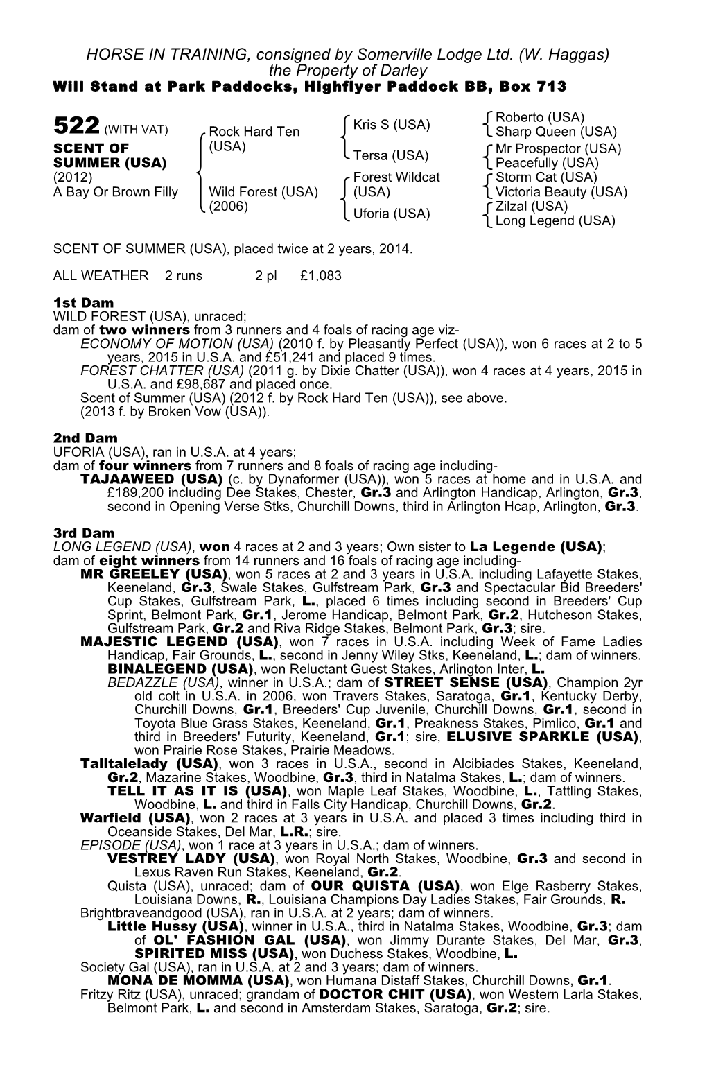 HORSE in TRAINING, Consigned by Somerville Lodge Ltd. (W. Haggas) the Property of Darley Will Stand at Park Paddocks, Highflyer Paddock BB, Box 713