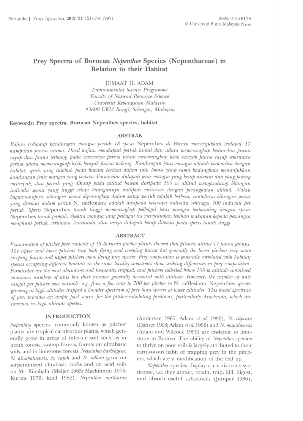 Prey Spectra of Bomean Nepenthes Species (Nepenthaceae) in Relation to Their Habitat