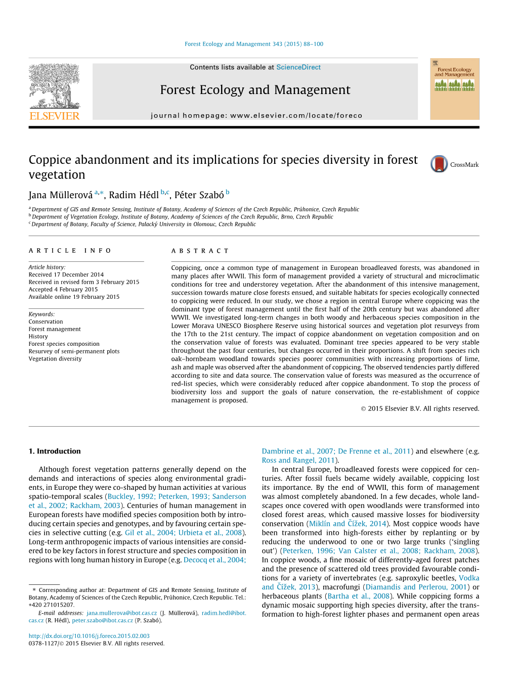 Coppice Abandonment and Its Implications for Species Diversity in Forest Vegetation